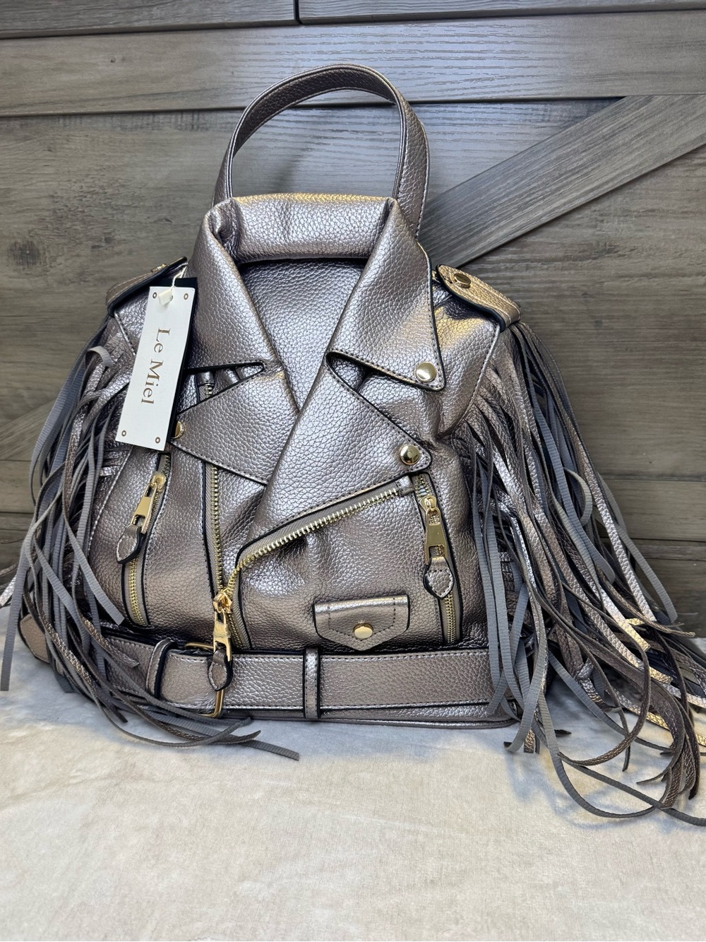 🔥 NWT Le Miel Metallic Moto Jacket Fringe Backpack!